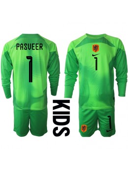 Billige Nederland Remko Pasveer #1 Keeper Hjemmedraktsett Barn VM 2022 Langermet (+ Korte bukser)